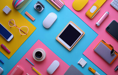 A collection of colorful tech gadgets