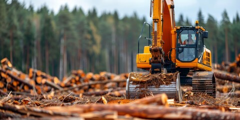 excavator clearing forest for timber harvesting in a deforested area with logs and wood debris in the foreground.