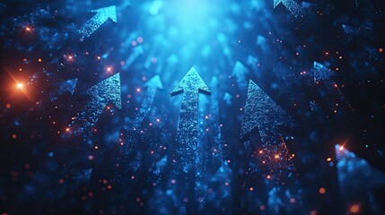 Abstract background of glowing blue arrows pointing upwards with sparkling lights.