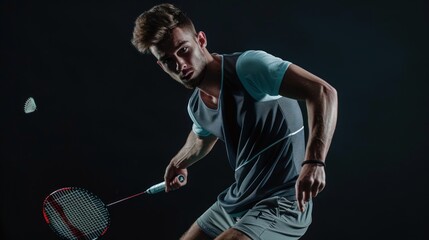 Young man playing badminton isolated on black background