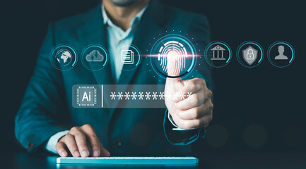 Cybersecurity Ai technology in the digital age, smart security software, businessman is touching fingerprint scan icons of secured access, protection network cyber security, business financial data