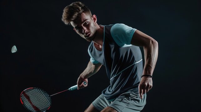 Young man playing badminton isolated on black background