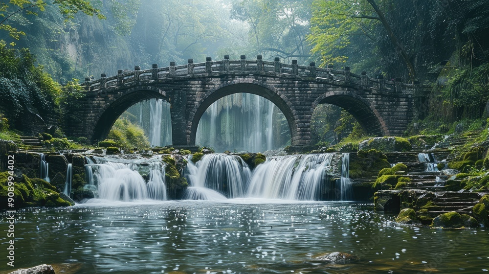 Poster modern long stone bridge for car, chinese style decorated stone bridge, bridge crossing a large stre
