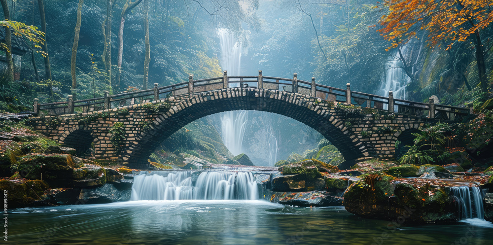 Poster modern long stone bridge for car, chinese style decorated stone bridge, bridge crossing a large stre