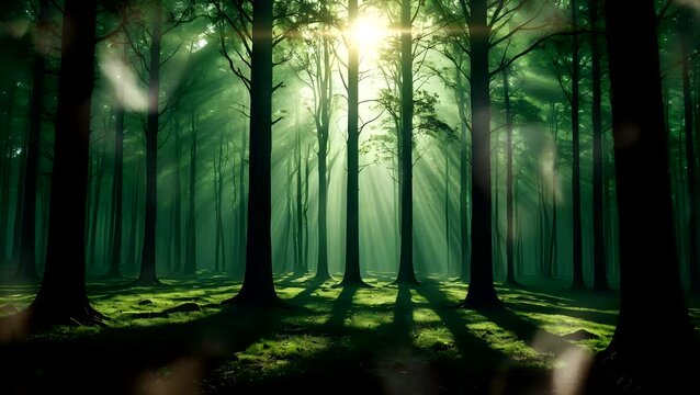 Seamless looping 4k time-lapse animation video background. Sunlight filtering through tall trees in a tranquil forest