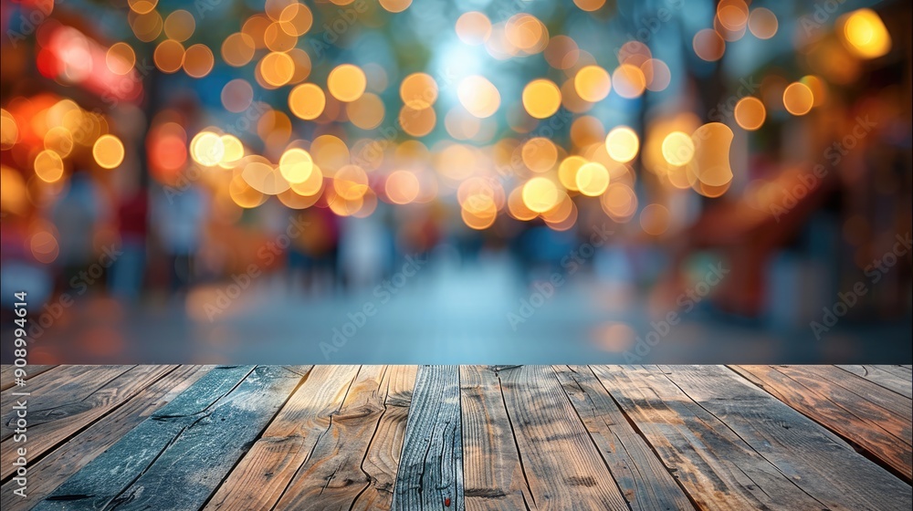 Aufkleber empty table top with marketplace blurred defocused, bokeh light. backdrop for display or montage pro