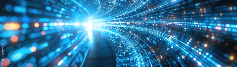 Poster An abstract representation of a digital tunnel, emphasizing speed and technology with bright blue lights and dynamic lines.