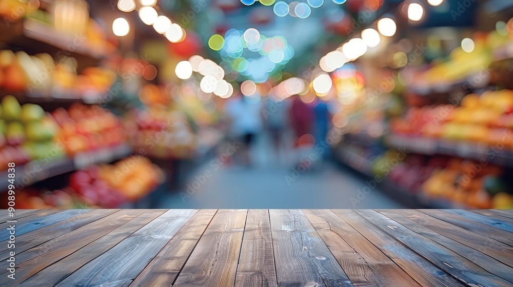 Aufkleber empty table top with marketplace blurred defocused, bokeh light. backdrop for display or montage pro