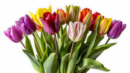 Fototapeta premium Vibrant purple, yellow, and red tulips create a cheerful spring bouquet, perfect for celebrating new beginnings and growth. 