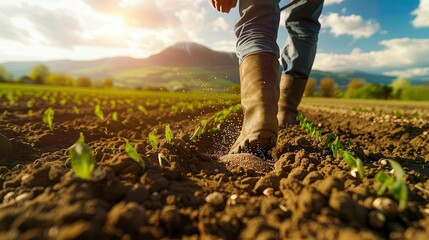 Farmer sowing wheat seeds in a field under a bright sky, with green fields and a picturesque mountain peak in the background