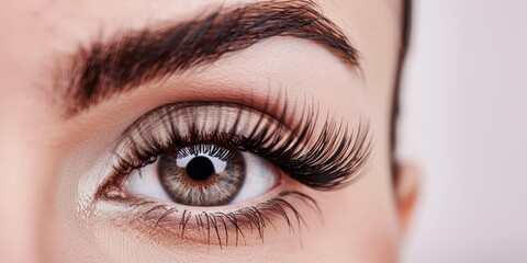 close-up of a woman's eye with long eyelashes and defined eyebrow - beauty, fashion, makeup, cosmetics, glamour, eyelash extensions, lash lift, eyebro