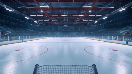 An empty ice hockey rink with lights on, surrounded by stadium seating and a central scoreboard, ready for a game or practice session to commence shortly.