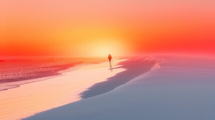 Minimalist White Sand Beach Landscape: Gradual Orange to Red Skyline, Embodying Serenity and Endless Horizons, Graphic Resources, Wallpapers, Brochure, Websites, banner, Advertising, background