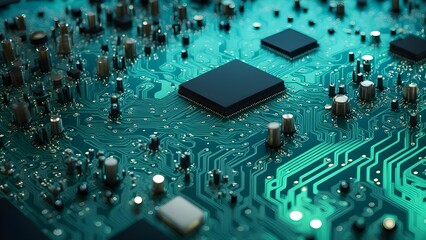 circuit board with glowing leds shimmering silicon paths