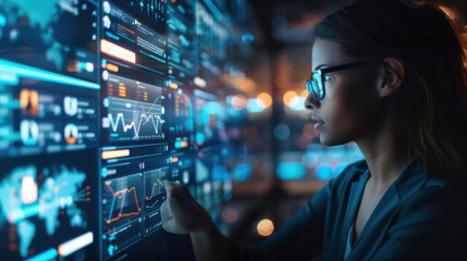 Professional woman examining data on multiple digital screens, representing technology, analysis, and modern business environments.