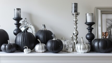 modern halloween decor, this halloween, create a chic vibe with a minimalist black and white decor scheme matte black pumpkins and sleek silver candle holders on a white mantel
