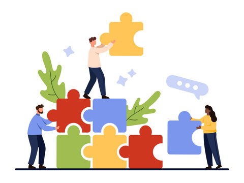 Team building, business communication and success teamwork, cooperation in collective goal and startup. Tiny people connect puzzle pieces together, build partnership cartoon vector illustration