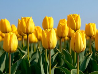 Fototapeta premium Yellow tulips in a field, semi close-up, clear blue sky background, more clarity with clear light and sharp focus, high detailed