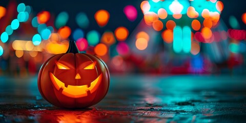 illuminated jack-o'-lantern with festive bokeh lights at a halloween carnival