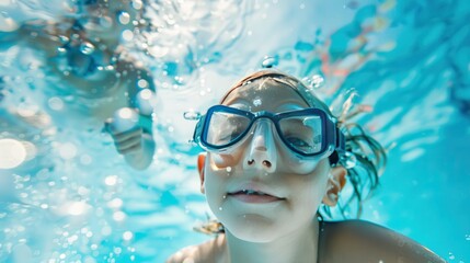 Naklejka premium Children diving and swimming underwater in a clear blue pool, with happy faces and enchanting bubbles creating a magical, adventurous scene.