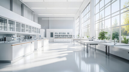 photo of a modern white laboratory interior with lab equipment and working tables