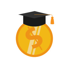 Education and money vector illustration, flat cartoon graduation hat and coin, concept of scholarship cost or loan.