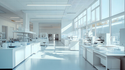 photo of a modern white laboratory interior with lab equipment and working tables