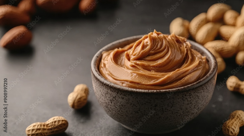 Poster close-up of a bowl of peanut butter with surrounding peanuts on a table, offering a clean and inviti