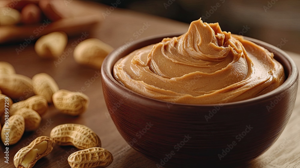 Poster close-up of a bowl of peanut butter with surrounding peanuts on a table, offering a clean and inviti