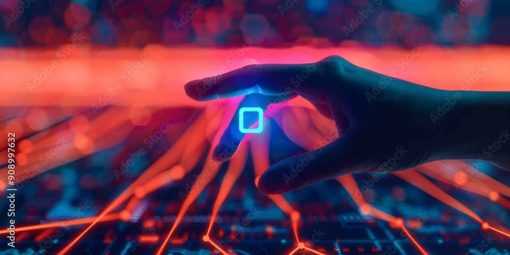 Poster hand reaching for glowing square on futuristic digital network interface with red and blue lighting 