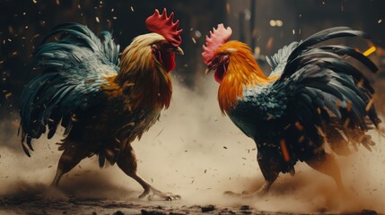 Two roosters fight to defend their territory. Neural network ai generated art