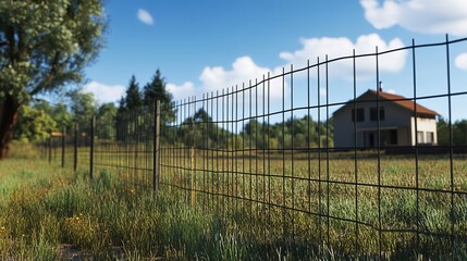 Obraz premium Realistic Image of Gitter 3 Mesh Fence with Welded Wire and House Background
