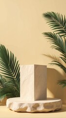 Fototapeta premium 3D rock pedestal podium on tropical pastel yellow background. Exotic natural palm leaf shadow