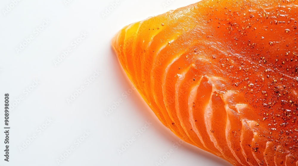 Poster close-up top view of a slice of red salmon on a white background, emphasizing the natural color and 