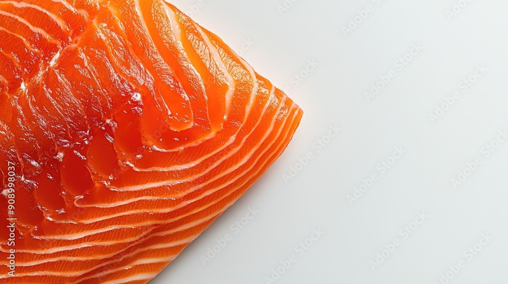Poster close-up top view of a slice of red salmon on a white background, emphasizing the natural color and 