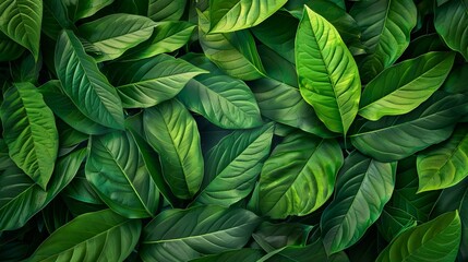 An artistic arrangement of overlapping green leaves, highlighting their diverse shapes and textures, representing harmony and unity in the natural world through lush greenery.