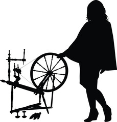 Wooden spinning wheel with girl Silhouette on vector illustration.  Spinning wheel icon, logo, vector.