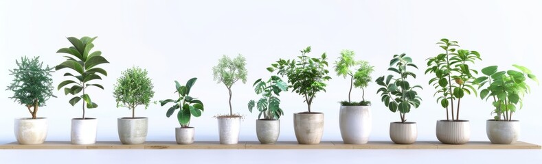 Fototapeta premium Collection of Potted Indoor Plants Displayed on a Wooden Shelf in Natural Light