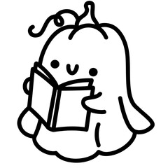 Halloween Ghost reading books doodle outline cute cartoon illustration hand drawing