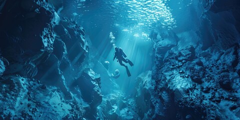 Scuba divers exploring underwater caves