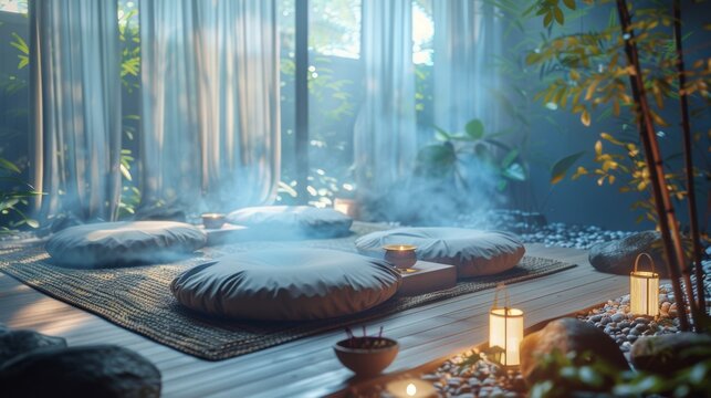 mindfulness retreat, relaxing meditation area with comfy cushions and incense, offering a peaceful sanctuary for people to unwind and focus on the present amidst lifes hustle