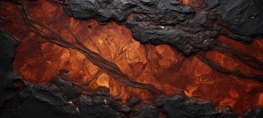Fototapeta premium Lava Flow Texture. Cadmium Texture. An abstract image of a lava flow with black and red tones, showcasing detailed textures and patterns reminiscent of molten lava. Horizontal banner, texture.