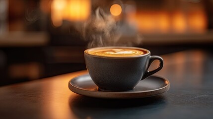 Detailed view of a hot coffee cup on a small plate, capturing the essence of warmth and steam, perfect for your drink concept