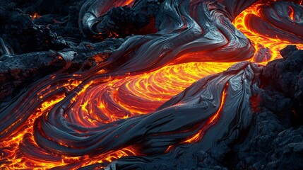 This image showcases a close-up of molten lava in motion, highlighting its smooth texture, fluid patterns, and the mesmerizing dance of light and dark, illustrating fiery fluidity.