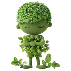 A green plant is growing on a boy's head