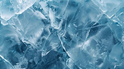 This image presents a close-up view of clear and detailed broken ice with sharp edges, capturing the transparency and intricate patterns of frozen water in a natural setting.