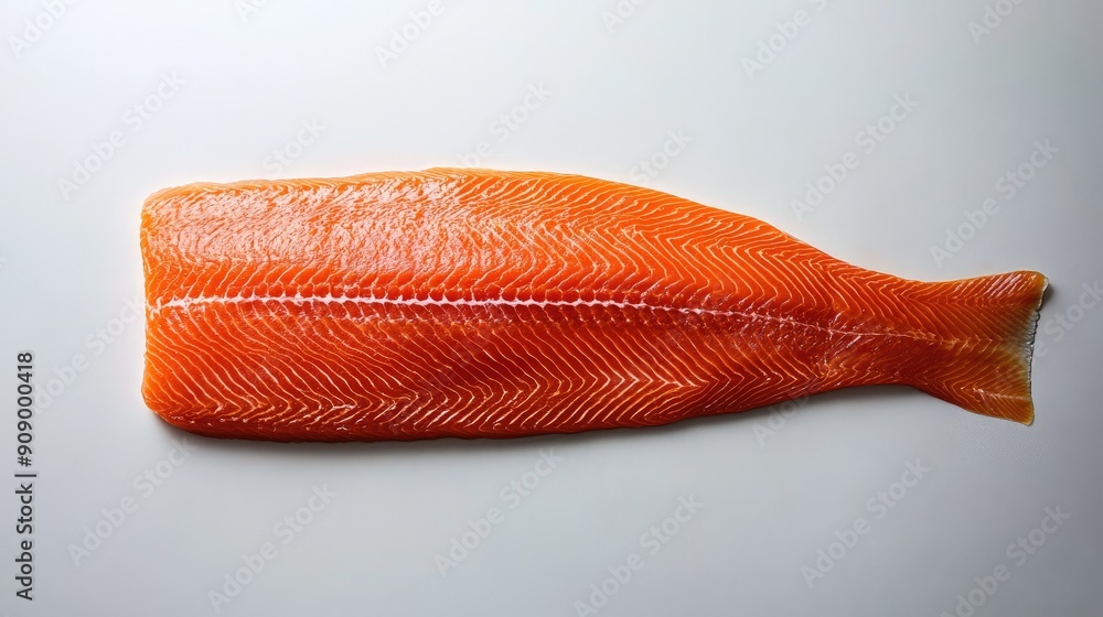Poster flat lay of a single slice of red salmon on a white surface, perfect for highlighting the fish's vib