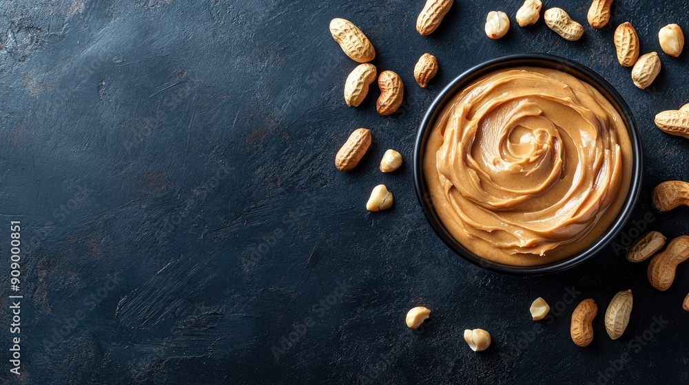 Poster flat lay of creamy peanut butter in a bowl with peanuts on the table, highlighting texture and leavi