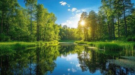 A serene landscape featuring a dense forest with tall, lush green trees and a tranquil river flowing through, reflecting the vibrant foliage and blue sky above, creating a peaceful and untouched