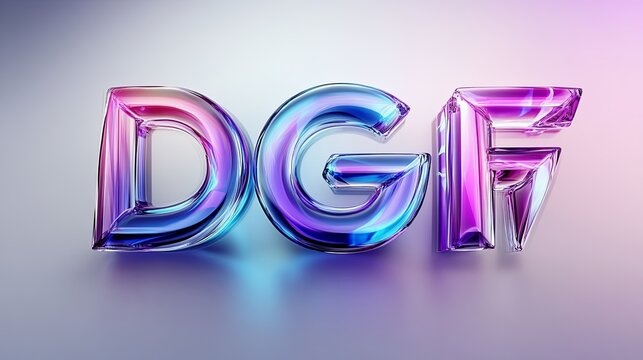 Iridescent font with reflections dgf glass 3d text effect, modern futuristic typography with glowing gradient colors on soft abstract background